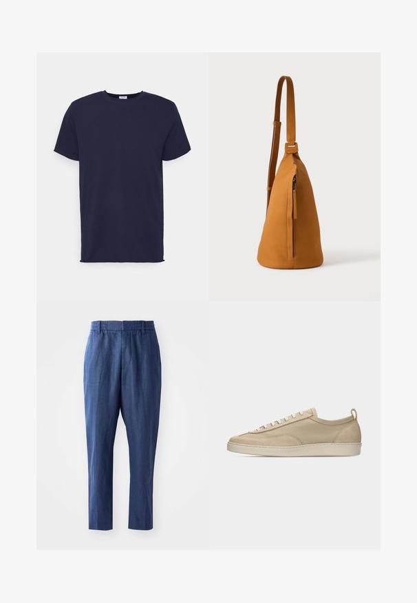T-shirt bleu marine à manches courtes fabriqué en tissu doux. Présente un col rond et une coupe droite sans motifs ni accents.; Pantalons en lin bleu marine avec une coupe décontractée, une taille élastique et des jambes fuselées. Caractérisés par une texture lisse et des détails de couture minimaux.; Baskets beige basses avec tige en tissu et daim, lacets blancs, semelle en caoutchouc et languette à l'arrière, présentées en profil latéral sur fond blanc.; Sac besace en cuir couleur fauve avec sangle réglable et poche verticale zippée, présenté de profil sur un fond clair uni.
