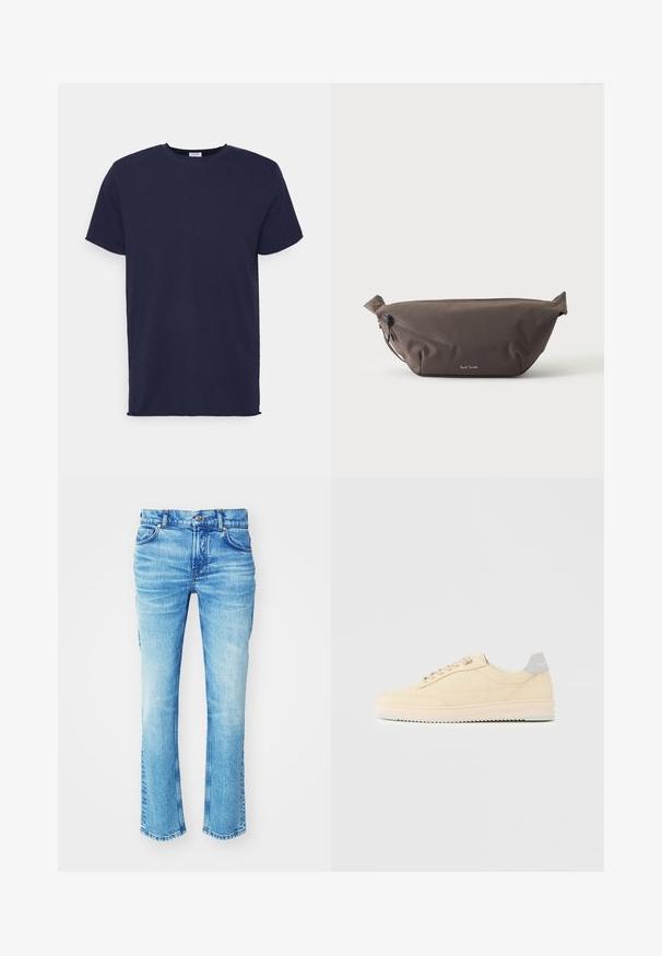 Marineblaues T-Shirt mit kurzen Ärmeln aus weichem Stoff. Es hat einen Rundhalsausschnitt und einen geraden Schnitt ohne Muster oder Akzente.; Blaue Jeans aus Denim mit einem ausgewaschenen Look, geradem Bein und rohem Saum. Verfügt über einen Fünf-Taschen-Stil und Metallknopf-Details.; Beiger Sneaker in niedrigem Design mit Schnürverschluss vorne, hellrosa Sohle und grauem Fersenlasche mit der Marke "Filling Pieces", seitlich auf neutralem Hintergrund gezeigt.; Dunkelbraune Stoff-Gürteltasche mit diagonalem Reißverschlussfach und kleinem weißen Logo vorne, vor einem einfarbigen hellen Hintergrund.