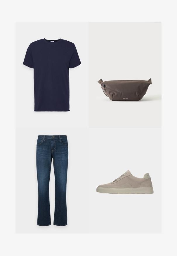 Marineblå kortærmet t-shirt lavet af blødt stof. Har rund halsudskæring og en lige pasform uden mønstre eller accenter.; Mørkeblå denimjeans med lige ben-design, fem lommer og metalknap-lukning. Glat tekstur med subtil falming.; Beige ruskindssneakers med en tekstureret finish, rund tå og tonale snørebånd. Har en tyk gummisål og diskret branding på hælen.; Mørkebrun stof talje taske med diagonalt lynlåslomme og lille hvidt logo på fronten, sat mod en ensfarvet lys baggrund.