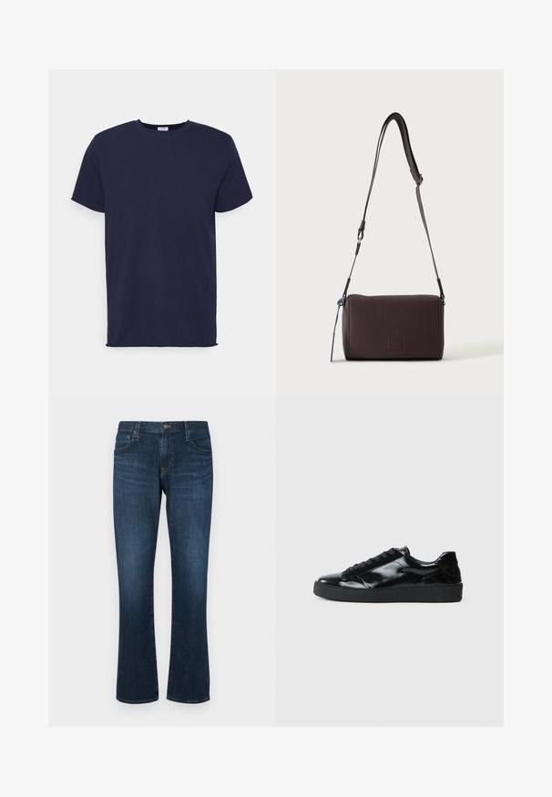 Marineblaues T-Shirt mit kurzen Ärmeln aus weichem Stoff. Es hat einen Rundhalsausschnitt und einen geraden Schnitt ohne Muster oder Akzente.; Dunkelblaue Jeans aus Denim mit geradem Bein, fünf Taschen und einem Metallknopfverschluss. Glatte Textur mit dezenten Gebrauchsspuren.; Schwarze Lackledersneaker mit runder Zehenform, Schnürdesign, strukturiertem Gummisohle und glatter Oberfläche.; Dunkelbraune, strukturierte Leder-Crossbody-Tasche mit verstellbarem Riemen und kleinem dekorativen blauen Akzent an der Seite.