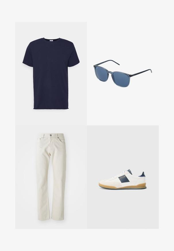 Marineblaues T-Shirt mit kurzen Ärmeln aus weichem Stoff. Es hat einen Rundhalsausschnitt und einen geraden Schnitt ohne Muster oder Akzente.; Helle beige Jeans aus Baumwolle mit geradem Bein, fünf Taschen und silbernem Metallknopfverschluss.; Weiße Sneakers mit marineblauen Akzenten, aus Wildleder und Leder, runde Spitze und Gummisohle. Mit Logo an der Seite und Rückseite.; Blaue rechteckige Sonnenbrille mit grauen getönten Gläsern, Kunststoffrahmen, metallischen Akzenten und matter Oberfläche an den Bügeln.