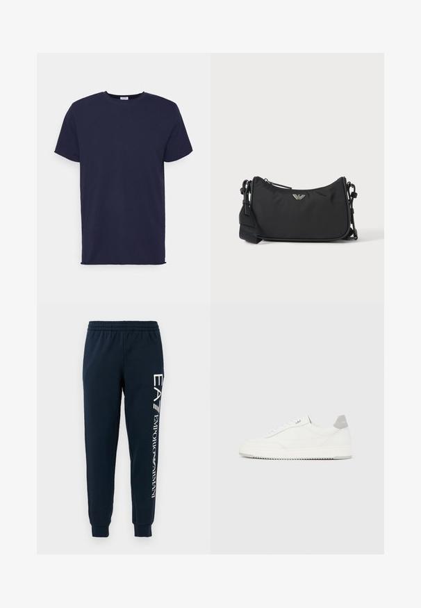 Navyblauwe T-shirt met korte mouwen van zachte stof. Heeft een ronde hals en een rechte snit zonder patronen of accenten.; Marine joggers met een elastische tailleband, omgeslagen enkels en witte geprinte branding langs het linkerbeen. Zacht, matte stoffen textuur.; Witte lage sneaker met grijze hielpatch, witte veters en een gestructureerde zool, gepresenteerd op een effen lichte achtergrond.; Zwarte rechthoekige crossbodytas met zilveren merklogo-embleem en verstelbare band op een lichte achtergrond.