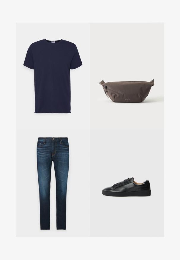 Marineblaues T-Shirt mit kurzen Ärmeln aus weichem Stoff. Es hat einen Rundhalsausschnitt und einen geraden Schnitt ohne Muster oder Akzente.; Dunkelblaue Jeans aus Denim mit geradem Schnitt, fünf Taschen, orangefarbigen Nähten und einer glatten Textur.; Schwarze Leder-Sneaker mit glatter Textur, runder Zehenpartie und Schnürverschluss. Verfügt über eine dicke Gummisohle und minimalistische Marken-Details.; Dunkelbraune Stoff-Gürteltasche mit diagonalem Reißverschlussfach und kleinem weißen Logo vorne, vor einem einfarbigen hellen Hintergrund.