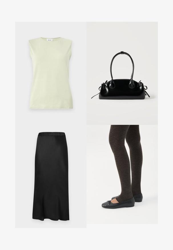 Lichtgroene mouwloze top met een ronde hals. Gemaakt van zachte stof, met een gladde textuur en een minimalistisch ontwerp.; Zwarte, satijnen midi-skirt met een elastische tailleband. Gladde textuur en eenvoudig ontwerp, dat iets taps toeloopt aan de zoom voor een vloeiende silhouet.; Benen met donkere geribbelde leggings gecombineerd met zwarte ballerina's met kleine strikdetails op een witte achtergrond.; Kleine zwarte glanzende handtas met twee lange hengsels en zijkant trekkoord details op een effen lichte achtergrond.