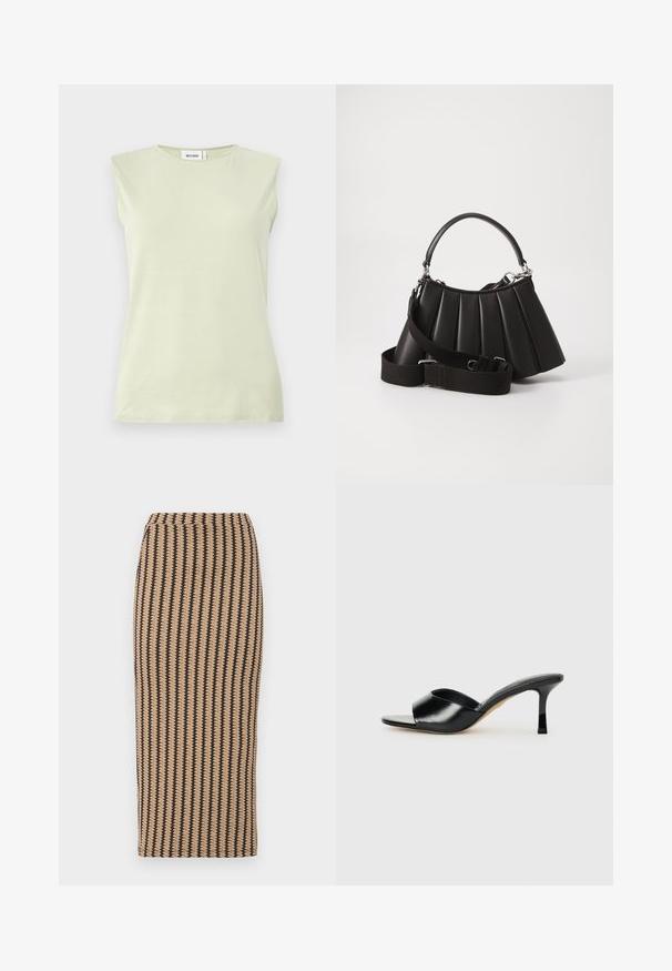 Lysegrøn ærmeløs top med rund hals. Lavet af blødt stof, der har en glat tekstur og et minimalistisk design.; Strikket blyantskirt i tan med vertikale sorte striber. Mellemlangt, tætsiddende design med en glat tekstur og enkel talje. Ingen synlige lukninger.; Sorte læder højhælede mules med open-toe design og en bred, buet overdel. Glat tekstur og slank silhuet.; Sort plisseret handbag med et rundet håndtag, justerbar rem og blank overflade. Har sølvfarvet hardware og en struktureret silhuet.