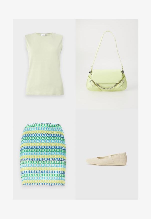 Top sin mangas de color verde claro con cuello redondo. Está hecho de una tela suave, con una textura lisa y un diseño minimalista.; Minifalda de tejido con rayas horizontales en azul, verde y amarillo. El diseño tiene una apariencia texturizada y tejida con un efecto en capas.; Bailarinas beige con un exterior de cuero liso, punta en forma de almendra y una correa elástica en el empeine, con detalles de costura sutiles.; Bolso de mano sintético verde lima con textura suave, correa de cadena desmontable y hebillas decorativas; forma rectangular con lados cónicos.