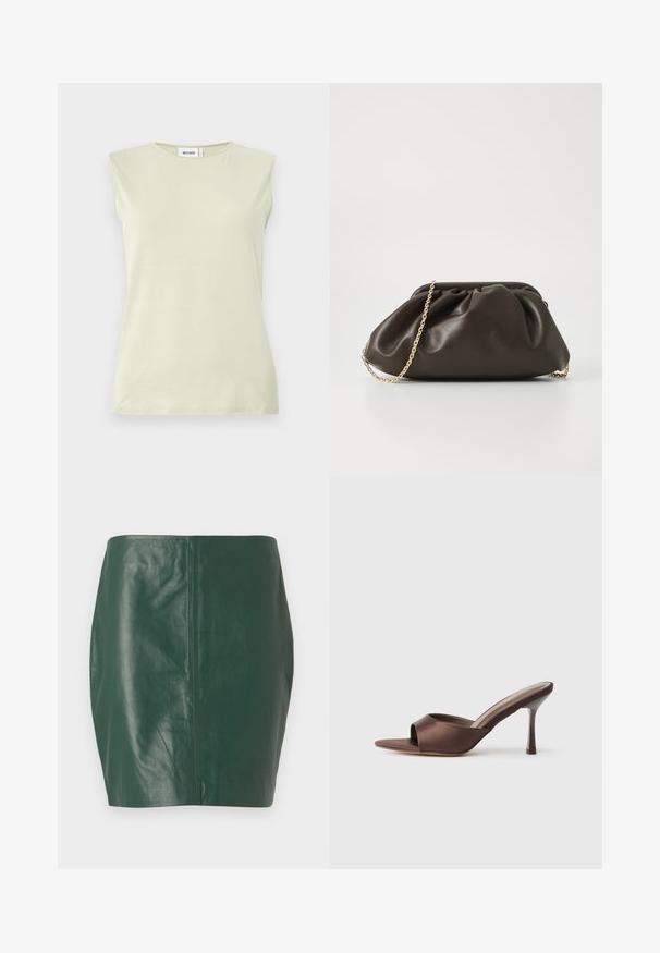 Top sin mangas de color verde claro con cuello redondo. Está hecho de una tela suave, con una textura lisa y un diseño minimalista.; Minifalda de cuero verde con una textura suave y forma ajustada. Presenta un diseño sin costuras y sin cierres o herrajes visibles.; Mule marrón de satén con punta abierta, con un tacón delgado de altura media y diseño slip-on sobre un fondo blanco liso.; Bolso de mano de cuero marrón con un diseño fruncido, correa de cadena dorada y un acabado suave y texturizado. Forma compacta adecuada para uso nocturno.