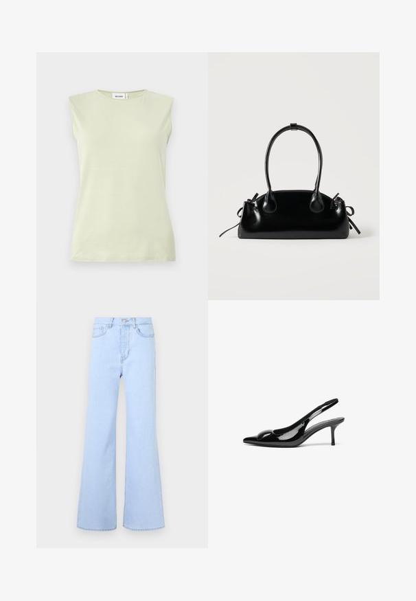 Débardeur vert clair sans manches avec un col rond. Confectionné dans un tissu doux, il présente une texture lisse et un design minimaliste.; Jean évasé bleu clair taille haute, doté de cinq poches, d'une fermeture à bouton et d'une texture denim lisse. Les bords sont soigneusement cousus.; Escarpins slingback en cuir verni noir avec un bout pointu et une finition brillante. Présente un talon fin et un accent arrondi au dessus du pied.; Petit sac à main noir brillant avec deux longues anses et des détails à cordon sur les côtés sur un fond clair uni.