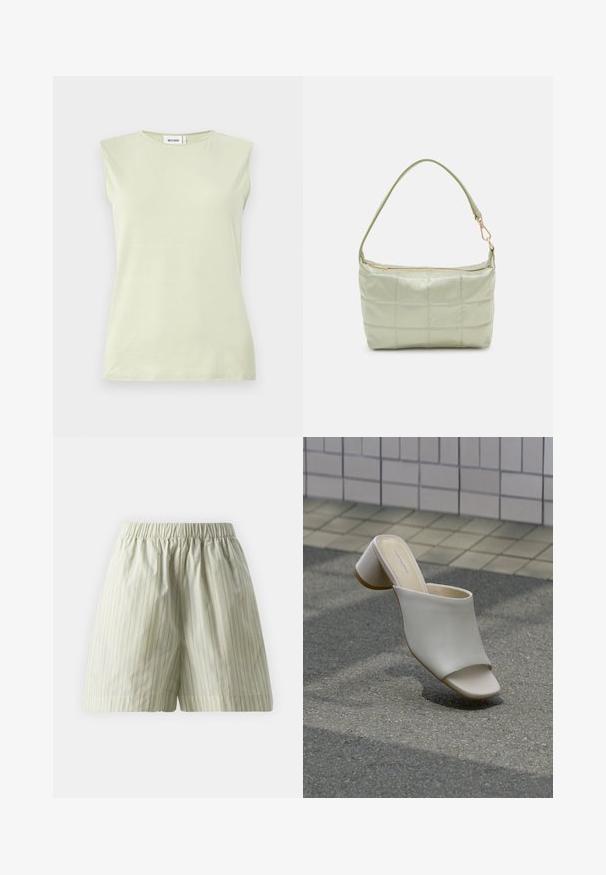 Débardeur vert clair sans manches avec un col rond. Confectionné dans un tissu doux, il présente une texture lisse et un design minimaliste.; Shorts en coton vert clair présentant des rayures blanches verticales, une taille élastique et une coupe ample et décontractée. Texture lisse.; Mule blanche à bout ouvert avec talon bloc sur sol pavé près d'un mur carrelé, inclinée pour montrer les vues latérale et supérieure.; Sac vert rembourré avec une texture douce, de forme rectangulaire, à une bandoulière, et fermeture à glissière dorée. Présente un motif matelassé.
