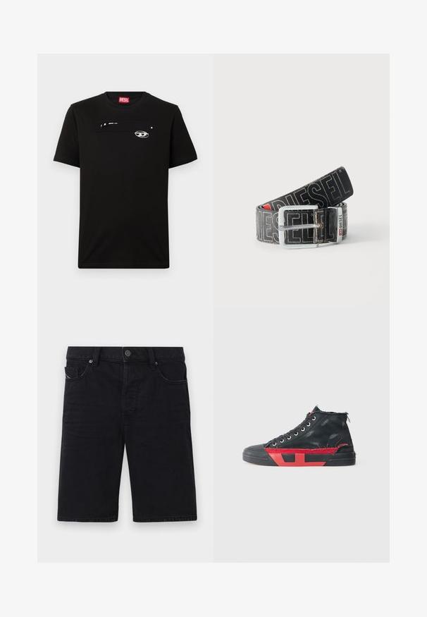 T-shirt noir à manches courtes en coton, avec une poche rectangulaire, un motif graphique blanc et un col rond.; Shorts en denim noir avec une coupe droite, cinq poches, éléments en métal et coutures visibles. Texture douce et design simple.; Baskets montantes noires avec des accents rouges et une finition usée. Caractérisées par une tige en toile texturée et une semelle en caoutchouc avec un design découpé.; Ceinture noire Diesel avec grand texte logo blanc, boucle rectangulaire en argent, et détail de boucle métallique brandée, enroulée sur un fond clair.