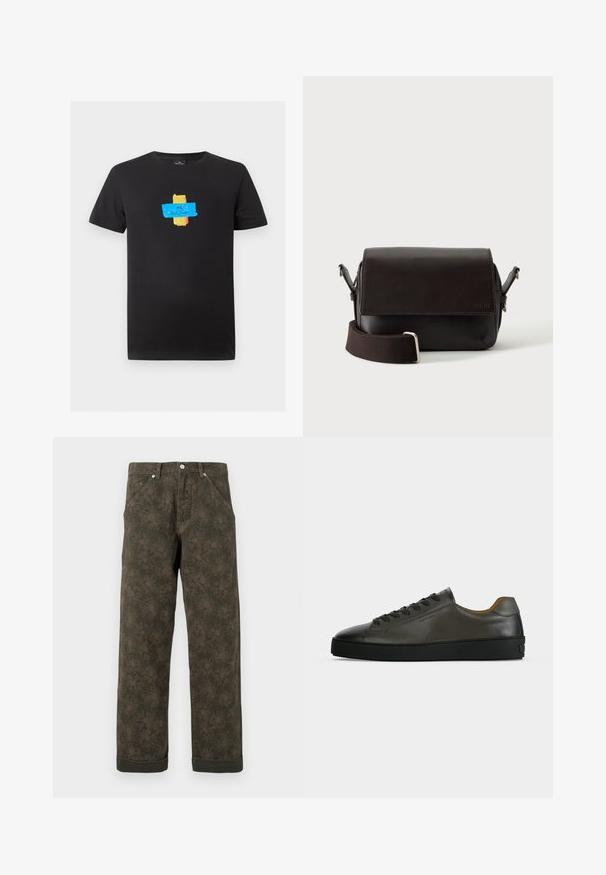 Sort kortærmet T-shirt med farverigt blå, guld og pink tape grafik i midten, med teksten "PS Paul Smith" på den blå tape.; Mørkegrønne bukser med subtil blomsterprint, frontknap, lommer og opsmøgede kanter.; Lavtskåret mørkegrå læder sneaker med sorte snørebånd og sål, minimalistisk design, sideprofil på en ensfarvet lys baggrund.; Mørkebrun lædertaske med flaplukning og justerbar stofrem på hvid baggrund.
