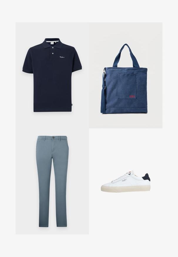 Polo de color navy hecho de algodón, con un cuello clásico, mangas cortas, tapeta de dos botones y un pequeño logo bordado en el pecho.; Chinos azul claro hechos de una mezcla de algodón con corte ajustado, que cuentan con cierre de botón y bolsillos laterales. Textura suave sin patrones.; Zapatilla deportiva blanca de corte bajo con suela beige, cordones blancos, lengüeta trasera negra y logotipo "Pepe Jeans London" en el lateral.; Bolso tote de lona azul con bolsillo frontal y bordado rojo "O.N.S", con asas dobles y una correa ajustable para el hombro.