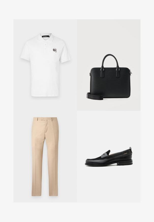 Hvid polo skjorte med korte ærmer, tre knap lukning, og et sort broderet tegneserie logo på venstre bryst.; Beige skræddersyede bukser med en glat tekstur, flad front og lige ben. Har bæltestropper og en skjult lynlås.; Sort læderloafer med grå remdetalje, lav hæl og tekstureret sål, mærket med "HUGO" i guld på siden.; Sort læderaktetaske med dobbelte håndtag, aftagelig skulderrem og lynlåslukning i toppen, sat mod en ensartet lys baggrund.