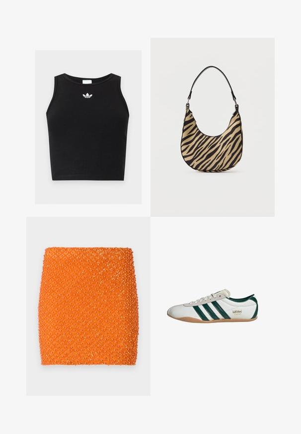 Mustast soonikangast varrukateta lühike top ümar kaelusega ja väikese valge Adidas trefoil logoga kaeluse lähedal keskel.; Oranž mini seelik, millel on tekstureeritud pind, esitleb teemantmustrit, millel on sädelevad ringikujulised pärlid üle kogu seeliku.; Valged tossud roheliste triipudega, sametist ja sünteetilisest materjalist ülemine osa, kummist talla, ümar varvas ja "adidas TOKYO" logo detail.; Beige ja musta zebra mustriga õlakott, millel on kumer põhi ja üks must käepide, pildistatud lihtsa valge tausta ees.