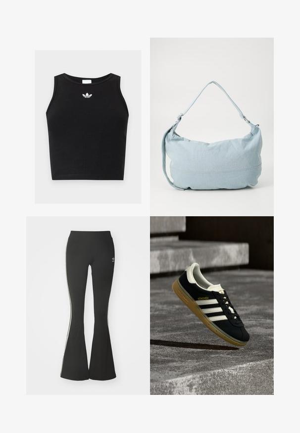 Μαύρο ριμπ αμάνικο crop top με στρογγυλή λαιμόκοψη και μικρό λευκό λογότυπο Adidas trefoil στο κέντρο κοντά στο γιακά.; Μαύρες φαρδές κολάν από ελαστικό ύφασμα, με ψηλή μέση και λευκές ρίγες στο πλάι. Περιλαμβάνει μικρό λογότυπο στη μέση.; Μαύρο αθλητικό παπούτσι Adidas München με λευκές ρίγες και σόλα από καουτσούκ να αιωρείται πάνω από υφή σκάλας από σκυρόδεμα.; Φωτεινό μπλε τζιν τσάντα ώμου με στρογγυλή σχήμα, ρυθμιζόμενο λουρί και διακριτική ραφή κατά μήκος της κάτω άκρης. Μαλακή υφή.