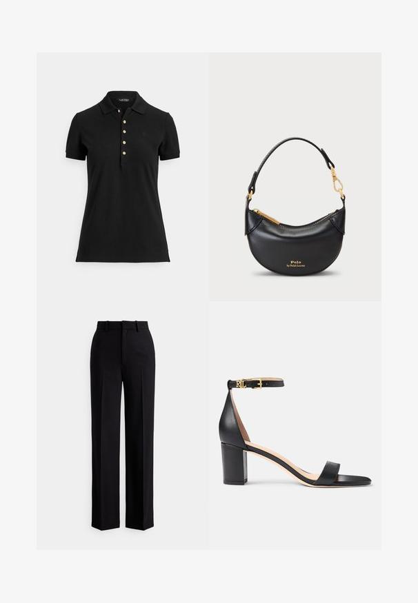 Polo negro de tela texturizada, con cuello, mangas cortas y una tapeta con botones dorados. Detalle sutil del logo en el pecho.; Pantalones negros de talle alto y pernera ancha con trabillas para cinturón y pliegues delanteros, exhibidos sobre un fondo blanco.; Lauren Ralph Lauren LOGAN BURNISHED LEATHER SANDAL - Sandalias - black; Bolso de mano de cuero negro con una silueta curvada, cremallera de metal y un asa corta. Cuenta con herrajes dorados y un logo grabado en la parte frontal.