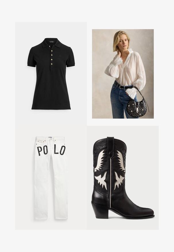 Schwarzes Poloshirt aus strukturiertem Stoff mit Kragen, kurzen Ärmeln und einer Knopfleiste mit goldfarbenen Knöpfen. Dezentes Logodetail auf der Brust.; Weiße Jeans aus Denim mit Vordertaschen und schwarzen Buchstaben, die "PO LO" über den oberen Oberschenkelbereich an jedem Bein bilden.; Schwarze Ledercowboystiefel mit weißen eckigen Akzenten, dekorativer Stickerei, einer spitzen Zehe und einem niedrigen, gestapelten Absatz.; Frau mit kurzen blonden Haaren, trägt eine weiße Bluse und blaue Jeans, hält eine schwarze Nietenhandtasche mit einem einzelnen Riemen.