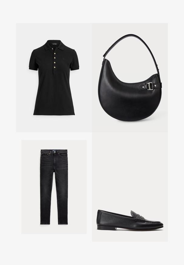 Sort poloshirt lavet af struktureret stof med krave, korte ærmer og en slids med guldknapper. Diskret logodetalje på brystet.; Slim-fit sorte jeans med fem lommer, knaplukning og Polo mærke på linningen, lagt fladt på en hvid baggrund.; Sort tekstureret læderloafer med lav hæl og klassisk penny-stropdetalje, vist i profil mod en ensfarvet lys baggrund.; Sort læderhåndtaske i halvmåneform med en justerbar skulderrem og sølvspænde i siden.