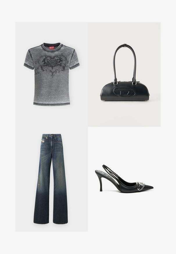 Grå kortærmet T-shirt fra Diesel med sort prikket hjerte og blomsterdesign på brystet samt et rødt Diesel-mærke inde i kraven.; Vidde ben jeans i mørkeblå med en falmet finish, med et slidt knæ og et klassisk fem-lomme design med et mærke.; Sorte slingback højhælede sko med spids tå, der har en skinnende sølvspænde detalje og en slank hæl. Glat lædertekstur, minimalistisk design.; Sort læderhåndtaske med lange dobbelte håndtag og præget ovalt logo foran, vist mod en ensartet lys baggrund.