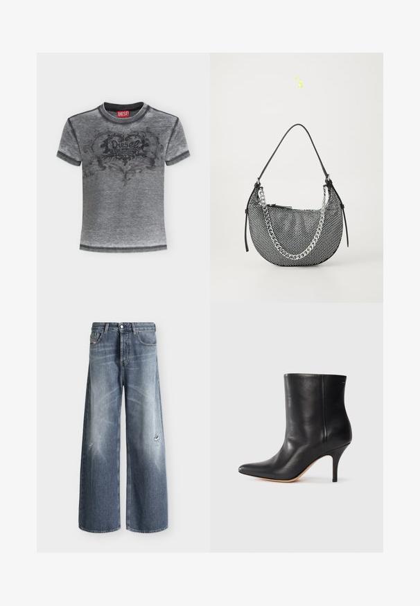 T-shirt gris à manches courtes de la marque Diesel avec un cœur noir à pois et un motif floral sur la poitrine et une étiquette rouge Diesel à l'intérieur du col.; Jean bleu à coupe large avec légère décoloration et petits détails usés sur le haut des cuisses, avec cinq poches et passants pour ceinture.; Bottine en cuir noir à bout pointu, avec un talon aiguille fin et une texture lisse. Design minimaliste sans matériel ou accents visibles.; Sac à main en mesh noir de forme croissant, avec une bandoulière en chaîne argentée et des accents en cuir noir. Surface texturée avec une fermeture éclair.