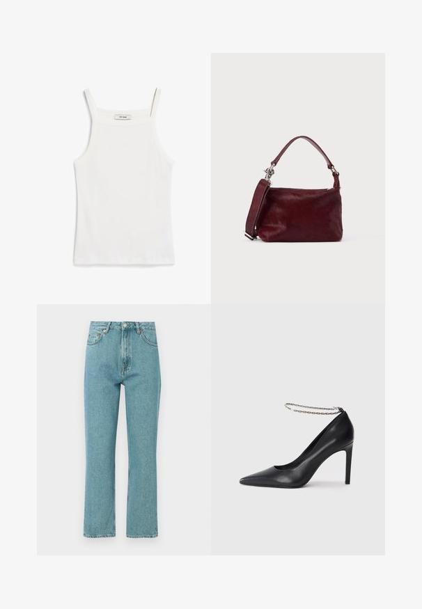 Witte tanktop met dunne banden, gemaakt van ribkatoenen stof, met een rechte halslijn en een nette afwerking aan de zoom.; Lichtblauwe, high-waisted jeans met een rechte pijpdesign. Gemaakt van denim, met voorzakken en een knoopsluiting.; Zwarte leren hoge hak pump met een spitse neus, voorzien van een dunne zilveren ketting enkelband en een strakke, gladde textuur.; Kleine rechthoekige bordeauxrode handtas met gestructureerde afwerking, korte handgreep en afneembare schouderriem op een effen lichte achtergrond.