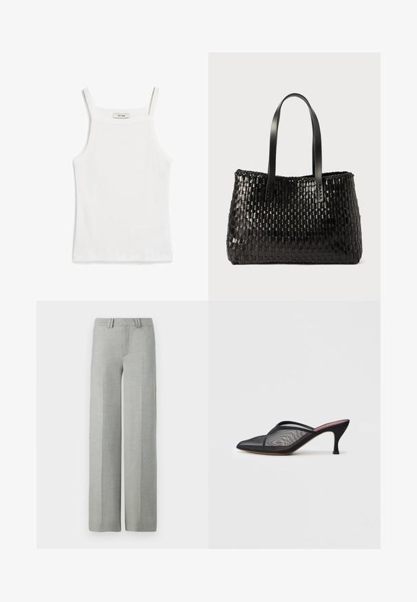 Weißes Tanktop mit dünnen Trägern, aus geripptem Baumwollstoff, mit einem geraden Ausschnitt und einem sauberen Abschluss am Saum.; Graue, weit geschnittene Hosen aus leichtem Stoff, mit flachem Bund, Gürtelschlaufen und sauberen, maßgeschneiderten Linien ohne sichtbare Muster.; Schwarzes Netz-Mule mit spitzem Zehenbereich, dünnen Riemen und 7,5 cm hochhackigem Stiletto-Absatz. Verfügt über eine durchsichtige Textur und eine einfarbige Sohle.; Schwarze geflochtene Tragetasche aus strapazierfähigem Material, mit zwei stabilen vertikalen Griffen und einem strukturierten Muster über die gesamte Fläche.