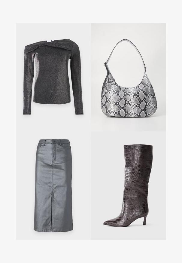 Sort, langærmet top med metallisk glans, der har et off-shoulder design, blød tekstur og et unikt foldet detaljer ved halsudskæringen.; Metalgrå denim-nederdel med en lige form, for-slids, fem-lomme design og knaplukning i taljen. Flade sømme er synlige.; Brune faux læder knæhøje støvler med krokodilleprint, spids tå og en kort, stablet hæl. Glat tekstur, strømlinet design.; Sort-hvid slangemønster skuldertaske med en rund form, glat tekstur og en buet rem. Har et sølvfarvet hardware-accents.
