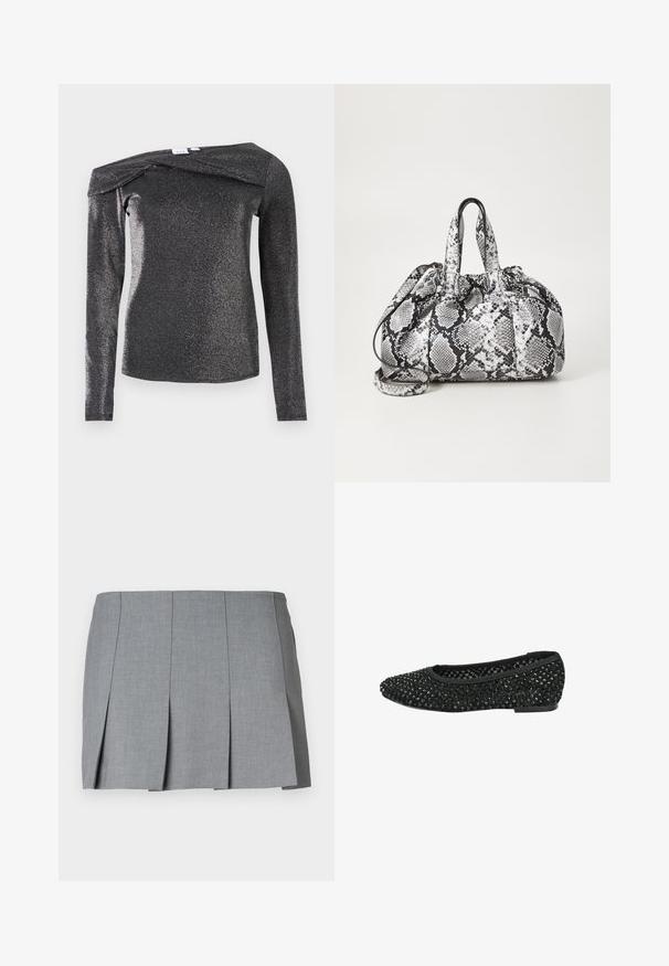 Haut noir à manches longues avec un éclat métallique, présentant un design épaules dénudées, une texture douce et un détail plié unique au niveau de l'encolure.; Jupe plissée grise avec une texture lisse, un design structuré et une taille ajustée. Fabriquée en tissu léger avec un motif subtile.; Ballerines noires avec une surface perlée, dotées d'un bout rond et d'un petit talon, fabriquées à partir d'un tissu doux avec une finition texturée.; Sac à main en motif peau de serpent noir et blanc avec deux poignées, une fermeture à cordon et une bandoulière amovible. Texture lisse.