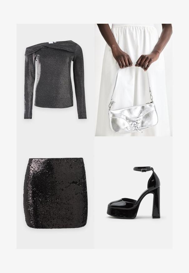 Zwart, top met lange mouwen en een metallic glans, met een off-shoulder ontwerp, zachte textuur en een uniek gevouwen detail bij de halslijn.; Zwarte mini-jurk met pailletten, met een aansluitende vorm, een gladde textuur en een glanzende oppervlakte die licht weerkaatst en visuele interesse creëert.; Zwarte gepatenteerde leren plateauhakken met een enkelsluiting, ronde neus en een blokhak, die een gladde, glanzende textuur laten zien.; Zilveren metalen handtas met vetersluiting, met een strak ontwerp en een korte schouderriem. De tas wordt vastgehouden in de handen, waardoor de textuur goed tot zijn recht komt.