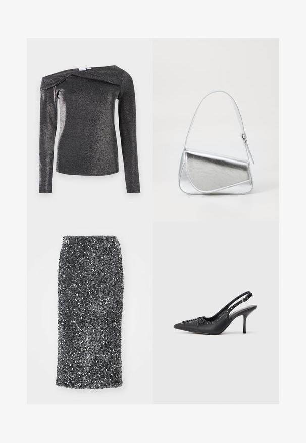 Zwart, top met lange mouwen en een metallic glans, met een off-shoulder ontwerp, zachte textuur en een uniek gevouwen detail bij de halslijn.; Paillettenloodjes in donkergrijs, met een aansluitend ontwerp. Oppervlakte bedekt met glinsterende, ronde pailletten voor een getextureerde afwerking.; Zwarte leren slingback stiletto met spitse neus, zijgesp met gesp, studs langs de rand en decoratieve veters aan de voorkant.; Zilveren metalen handtas met een driehoekige vorm, gladde textuur en een dunne, verstelbare schouderriem. Kenmerkt zich door een omklapbaar ontwerp met stiksels.