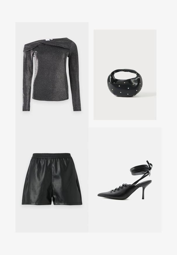 Zwart, top met lange mouwen en een metallic glans, met een off-shoulder ontwerp, zachte textuur en een uniek gevouwen detail bij de halslijn.; Zwarte nep leren shorts met een elastische tailleband, voorzien van een gladde textuur en een losse pasvorm. Geen zichtbare patronen of accenten.; Zwarte pumps met spitse neus en hoge hak, met veters aan de voorkant en riempjes die rond de enkel wikkelen en zijn gestrikt in een strik, gezien vanaf de zijkant tegen een witte achtergrond.; Zwarte leren handtas met een afgeronde vorm, versierd met zilveren studs, en een korte handgreep. Gladde textuur en ritsluiting.
