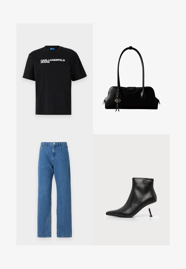 Sort bomuld T-shirt med korte ærmer, med "KARL LAGERFELD JEANS" trykt med store hvide bogstaver over forsiden.; Lyseblå denimjeans med høj talje, brede ben og et klassisk fem-lomme design. Stoffet har en subtil tekstur.; Sort læder ankelstøvle med spids tå og en blank sølv stilethæle på en hvid baggrund.; Sort lædertaske fra Calvin Klein med lange håndtag, en forside-logo-tag og en sølv geometrisk vedhæng, der hænger fra det ene håndtag.