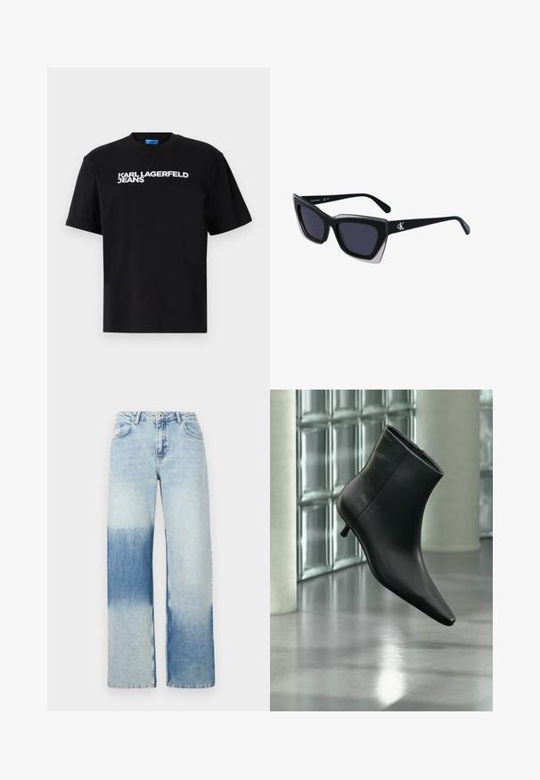 Zwarte katoenen t-shirt met korte mouwen, met in grote witte letters "KARL LAGERFELD JEANS" gedrukt op de voorkant.; Lichtblauwe denim jeans met een wijde pasvorm, met een kleurverloop van licht naar donkerblauw, vijf zakken en knoopsluiting.; Zwarte leren enkellaars met spits toelopende neus en lage kittenhak, schuin weergegeven tegen een gepolijste vloer en een glazen blokken muur als achtergrond.; Zwarte oversized zonnebril met een geometrische vorm, voorzien van donkere glazen en een contrasterend grijs detail op het montuur. Logo op de arm.