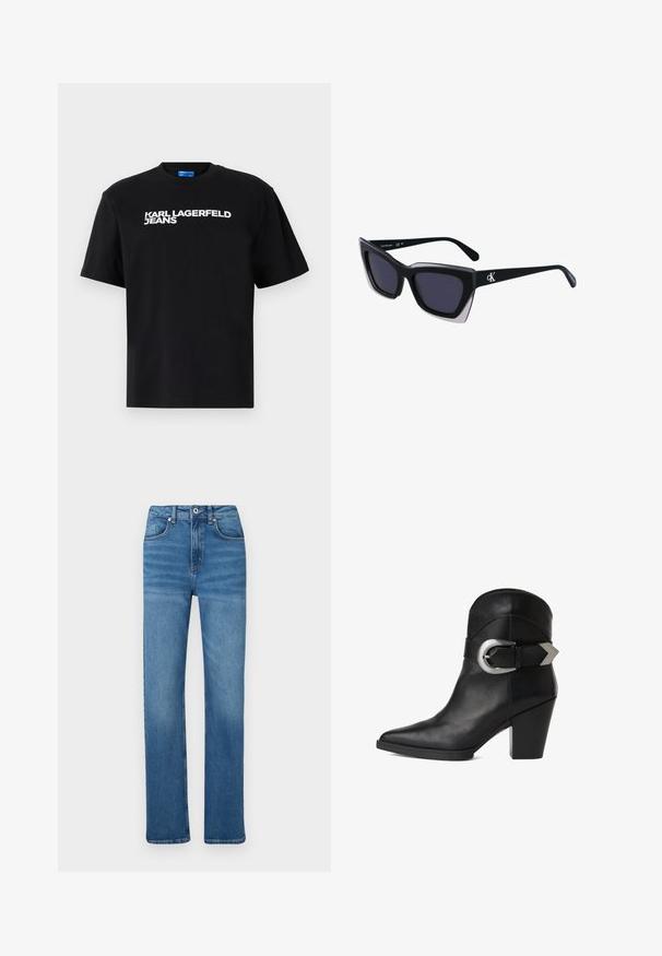 Čierne bavlnené tričko s krátkymi rukávmi, na prednej strane je veľkými bielymi písmenami vytlačený nápis "KARL LAGERFELD JEANS".; Modré denimové džínsy s rovný strihom, s gombíkovým a zipsovým zapínaním, piatimi vreckami a jemným vyblednutím pozdĺž nohavíc.; Čierne kožené členkové topánky s špicatou špičkou, masívnym podpätkom a širokým remienkom so zaoblenou striebornou sponou na boku. Hladká textúra.; Čierne oversized slnečné okuliare s geometrickým tvarom, s tmavými šošovkami a kontrastným šedým detailom na ráme. Logo na mostíku.