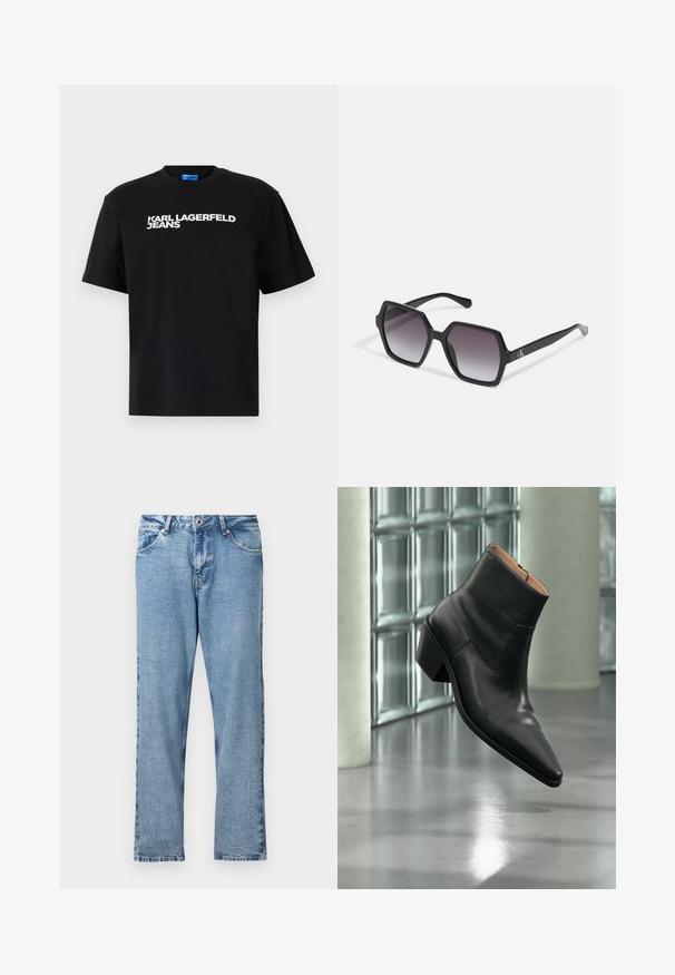 Schwarzes Baumwoll-T-Shirt mit kurzen Ärmeln, mit "KARL LAGERFELD JEANS" in großen weißen Buchstaben auf der Vorderseite bedruckt.; Hellblaue Jeans aus Denim mit geradem Bein, ausgestattet mit einem Reißverschluss, fünf Taschen und einem dezenten, used Look.; Schwarzer Leder-Stiefelette mit spitzer Schuhspitze und Blockabsatz, der über einem reflektierenden grauen Boden nahe einer Glassteinwand schwebt.; Schwarze hexagonale Sonnenbrille mit Verlaufsgläsern, glänzender Oberfläche und dezentem Branding am Bügel. Aus langlebigem Kunststoff gefertigt.