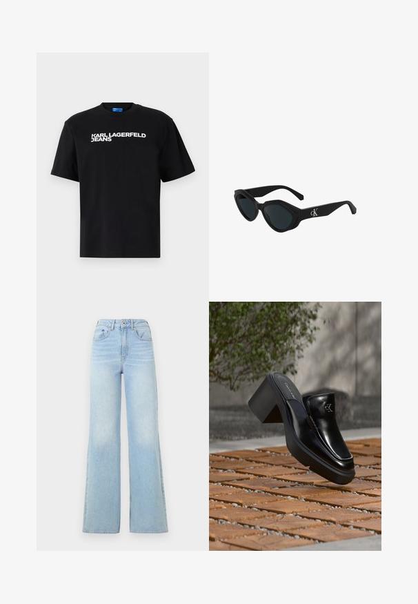 Čierne bavlnené tričko s krátkymi rukávmi, na prednej strane je veľkými bielymi písmenami vytlačený nápis "KARL LAGERFELD JEANS".; Svetlomodré džíny s vysokým pásom a širokou nohavicou. Obsahujú päť vreciek a zapínanie na gombík, vyrobené z denimovej látky s jemným vyšúchaním.; Čierne kožené šľapky Calvin Klein s blokovým podpätkom, ktoré oddychujú na drevených dlaždiciach vonku blízko zelenej rastliny a šedej steny.; Čierne slnečné okuliare v štýle mačacích očí s lesklým povrchom, tmavými sklami a logom "cK" na spánku. Ostrý dizajn a hrubé rámy.