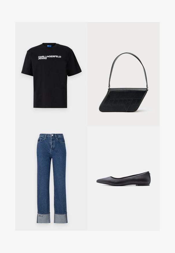 Mustat puuvillapaidat, joissa on lyhyet hihat ja joissa etuosassa on isot valkoiset kirjaimet "KARL LAGERFELD JEANS".; Siniset farkut, joissa on korkea vyötärö, suorat lahkeet, käänteet, joissa on erottuva vaaleampi sininen kangas ja brodeerattu yksityiskohta käänteissä.; Musta kärjestään terävä, matalakorkoinen nahkainen tasapohjakenkä, esitetty sivuprofiilissa valkoista taustaa vasten.; Musta nahkainen olkalaukku, jonka muoto on kolmionmuotoinen, siinä on kohokuvioitu logo ja yksi säädettävä hihna. Minimalistinen muotoilu ja sileä pinta.