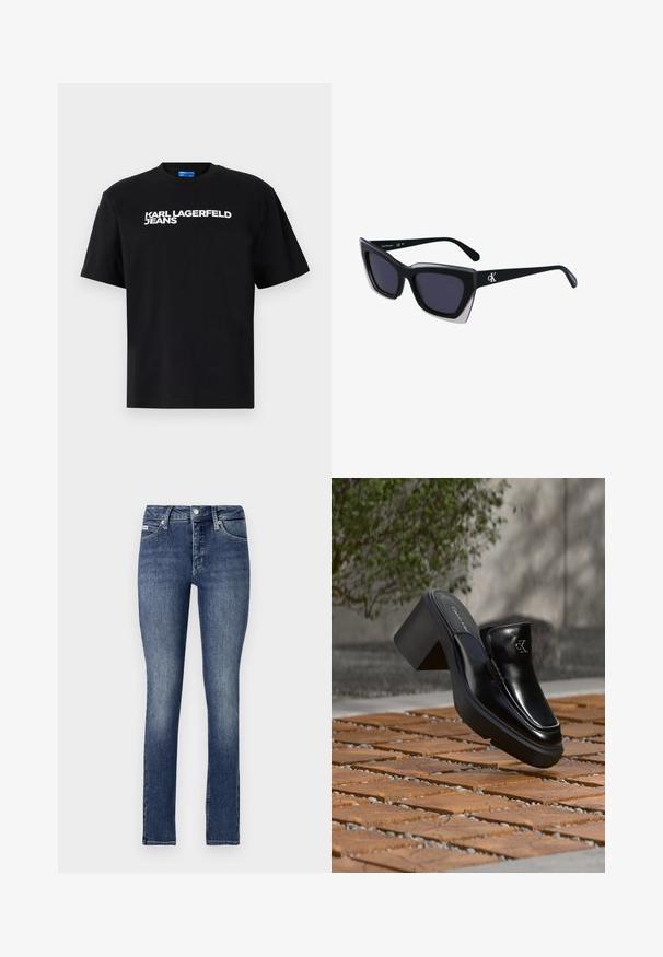Čierne bavlnené tričko s krátkymi rukávmi, na prednej strane je veľkými bielymi písmenami vytlačený nápis "KARL LAGERFELD JEANS".; Chudé džíny v tmavom denime, s stredne vysokým pásom, piatimi vreckami, viditeľným šitím a gombíkovým zapínaním v páse.; Čierne kožené šľapky Calvin Klein s blokovým podpätkom, ktoré oddychujú na drevených dlaždiciach vonku blízko zelenej rastliny a šedej steny.; Čierne oversized slnečné okuliare s geometrickým tvarom, s tmavými šošovkami a kontrastným šedým detailom na ráme. Logo na mostíku.