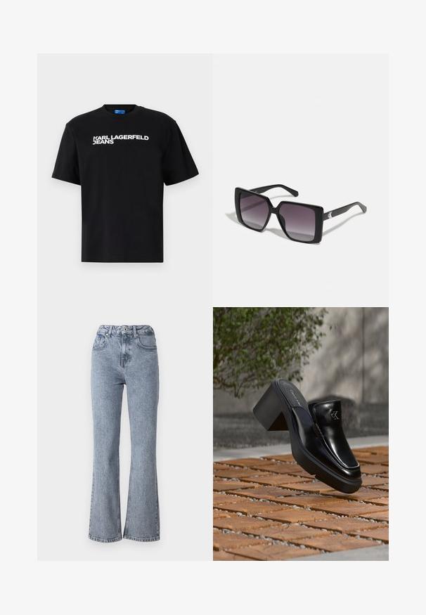 Must musta T-särk lühikeste varrukatega, millel on ees suurtes valgetes tähtedes trükitud "KARL LAGERFELD JEANS".; Laiendatud helesinised teksad denimist, millel on kõrge vöökoht, eesmine tasku ja klassikaline viie tasku disain, millel on kerge pleekimine.; Mustast nahast Calvin Kleini slip-on mules, millel on plokk-konts, toetub puitplaatidele õues, lähedal rohelisele taimele ja hallile seinale.; Mustad mustad päikeseprillid, millel on gradient hallid läätsed. Läikivad raami, millel on puhtad jooned. Hõbedane logo aktsent templitel.