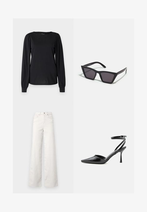 Zwarte lange mouwen top van gladde stof, met een ronde halslijn en geraffineerde details op de schouders en manchetten.; ONLY Tall ONLHOPE GLOBAL HIGH WAIST WIDE - Broek - pumice stone; Zwarte pumps met puntige neus, dunne enkelbandjes en een zilveren gesp op een effen lichte achtergrond.; Zwarte, hoekige zonnebril met grijze lenzen; gemaakt van plastic, met dikke armen met een gladde oppervlakte en zonder zichtbare hardware.