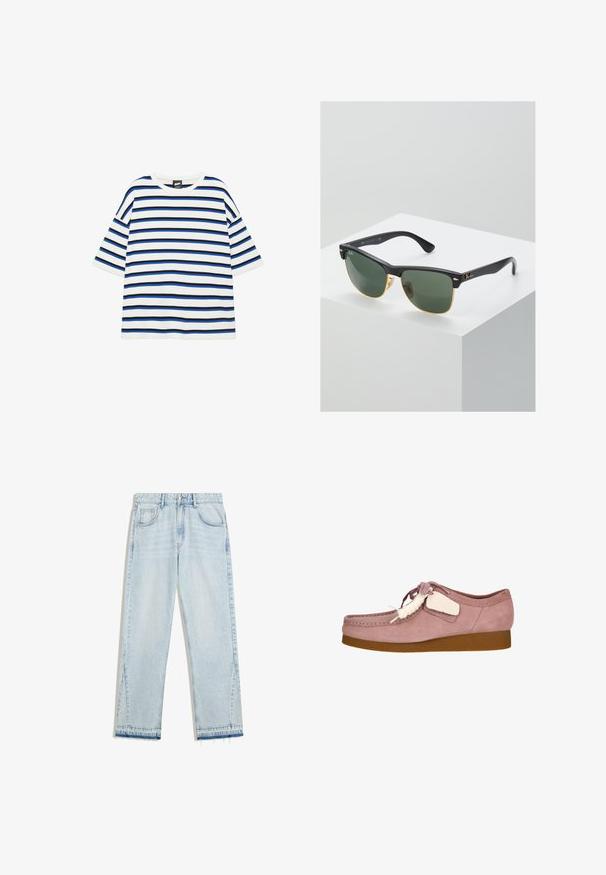 Hvid T-shirt med korte ærmer med vandrette sorte og blå striber og rund halsudskæring.; Lyseblå straight-leg jeans med forlommer, bæltestropper, knap- og lynlåslukning samt frynsete kanter på hvid baggrund.; Lyserød ruskindsko med rund tå, snøre-design og en cremefarvet accentmærke. Har en tan gummisål for ekstra greb.; Ray-Ban solbriller med grønne linser, sorte plastikstel og gyldne detaljer ved kanterne. Firkantet form med mat finish.