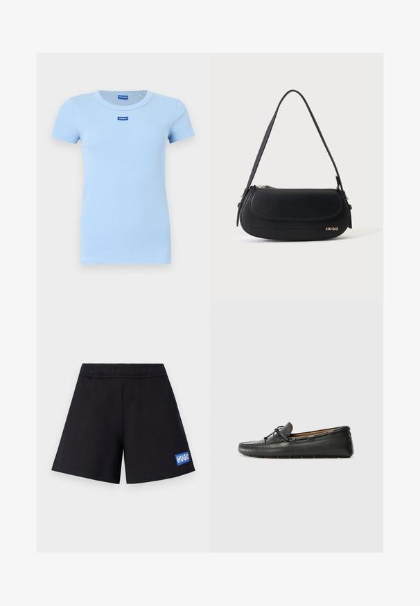 Camiseta de canalé azul claro con mangas cortas, cuello redondo y una pequeña etiqueta de logo azul en el pecho. Textura suave y diseño ajustado.; Pantalones cortos negros de corte relajado, con cintura elástica y logo azul "HUGO" en el muslo izquierdo; fabricados con material suave y transpirable.; Zapato náutico de cuero negro con punta redondeada, detalles de costura, pequeño lazo decorativo y suela de goma. Textura suave y diseño aerodinámico.; Bolso de hombro de cuero negro con solapa curva, logo dorado "HUGO" en el frente y una correa ajustable.