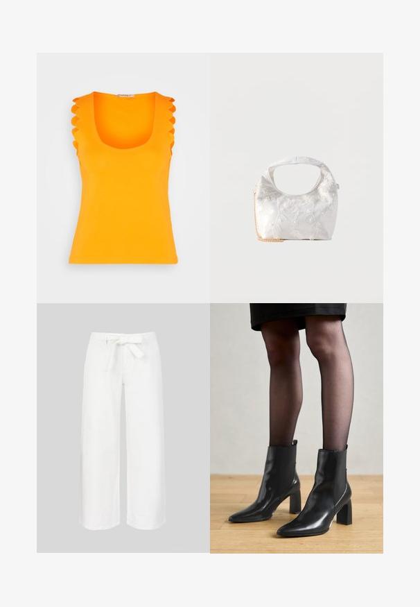 Anna Field Top - orange; Witte broek met brede pijpen, hoge taille en een stoffen riem die in een strik is gebonden, getoond tegen een effen grijze achtergrond.; Zwarte leren enkellaarsjes met een spitse neus, stevige vierkante hak en een fraaie uitstraling. Beschikt over elastische zijpanelen voor gemakkelijke aan- en uittrekken.; Witte satijnen handtas met bloemrijke borduursels, ronde uitsnede als handvat en een bevestigd gouden kettingriempje tegen een effen lichte achtergrond.