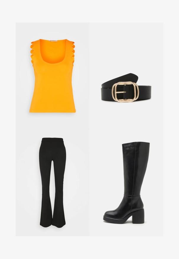 Anna Field Top - orange; Zwarte flared legging met een gladde textuur, hoge tailleband en aansluitende pasvorm, die aanloopt naar een flared ontwerp bij de enkel.; Zign LEATHER - Laarzen met hoge hak - black; Zwarte leren riem met een rechthoekige gouden gesp met ronde hoeken, een gladde textuur en een slank design.
