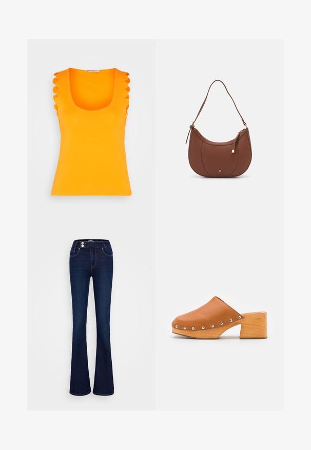 Anna Field by Zalando Top - orange; Mørkeblå jeans med vidde, lavet af denim, med høj talje, to forlommer og lynlås- og knaplukning med kontrastsyning.; ASRA JUDE - Træsko - spice tan; Brun faux læder skuldertaske med buet form, minimal syning og en guldtonet hardwaredetalje. Har en top lynlåslukning og justerbar rem.