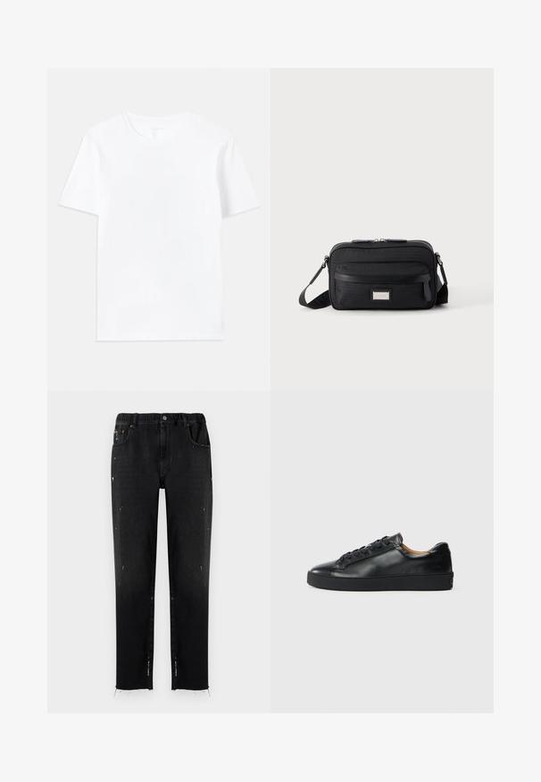 Camiseta de algodón blanca con un corte clásico de cuello redondo y mangas cortas, que presenta una textura suave y un diseño de ajuste regular.; Vaqueros negros de denim con cinturilla elástica, corte recto, detalles desgastados y dobladillo desflecado. Presenta bolsillos y cierre con botón.; Zapatilla negra de cuero con una textura suave, puntera redonda y cierre de cordones. Presenta una suela de goma gruesa y un detalle de marca mínimo.; Bolso bandolera rectangular negro con bolsillo frontal con cremallera, correa ajustable y placa de logo rectangular plateada sobre fondo liso.