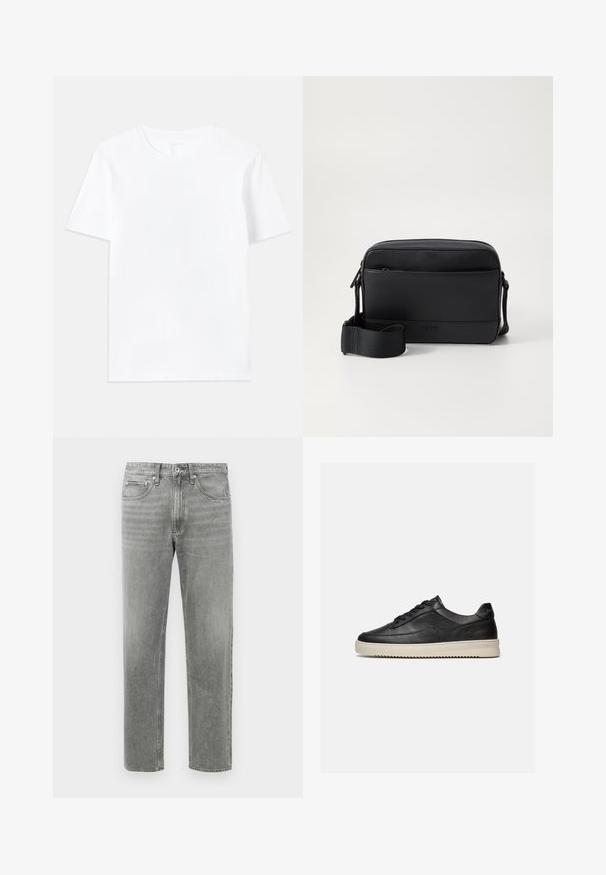 T-shirt en coton blanc avec un col rond classique et des manches courtes, présentant une texture lisse et une coupe régulière.; Jean en denim gris à coupe droite, avec un design classique à cinq poches et un léger dégradé pour la texture. Fermeture éclair standard.; Baskets basses en cuir noir avec des lacets noirs et une semelle en caoutchouc épaisse de couleur crème, présentées sur un fond blanc.; Sac messager noir en cuir lisse avec une poche avant, fermeture zippée et bandoulière en tissu réglable. Logo de la marque embossé à l'avant.