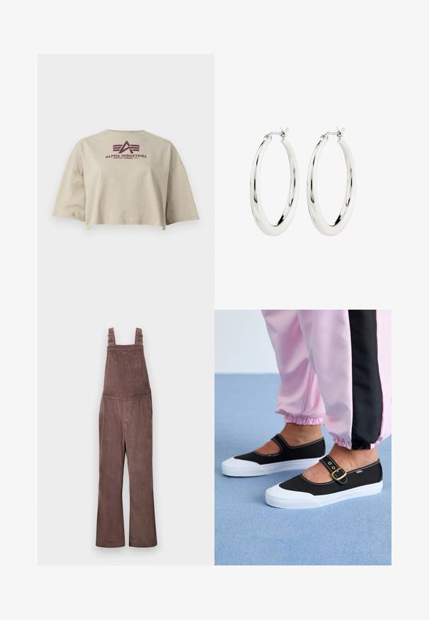 Beige cropped t-shirt van katoen, met korte mouwen en een ronde halslijn. Het heeft een bordeauxrood 'Alpha Industries' logo op de achterkant.; Bruine corduroy tuinbroeken met verstelbare schouderbanden, wijde pijpen en verticale ribbelstructuur. Beschikt over zijzakken en een relaxte pasvorm.; Zwarte canvas schoenen met een witte zool, met een uitgesneden ontwerp en een gouden gespband. Draagt met roze joggingsbroek.; Zilveren oorbellen in de vorm van een gladde, glanzende ring. Circulaire vorm, voorzien van een veilige sluiting. Eenvoudig en elegant ontwerp.