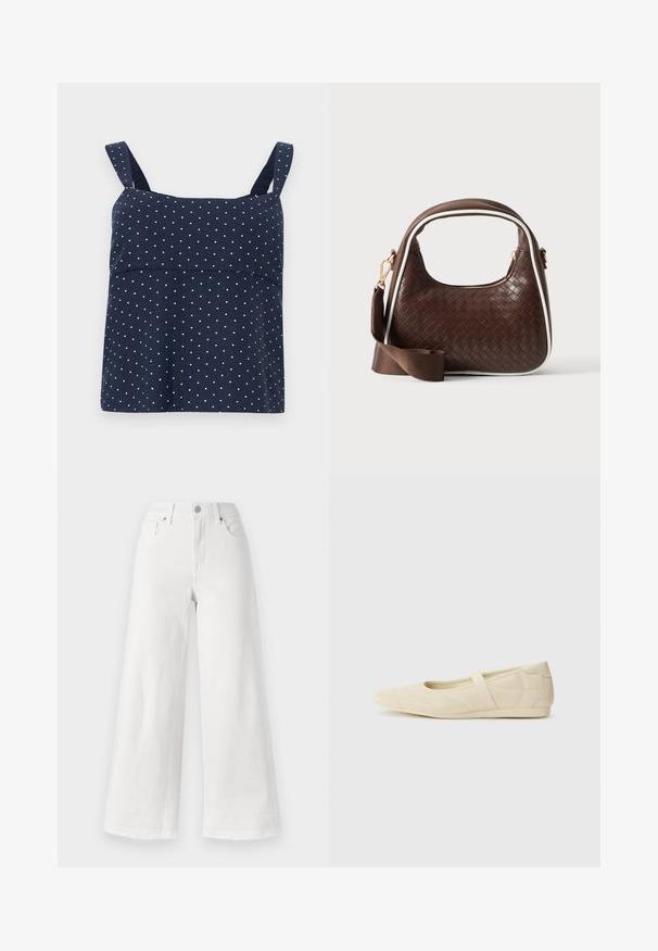 Navy blauwe mouwloze top met witte stippen, met een gestructureerde buste en brede banden. Gemaakt van zachte, lichte stof.; Witte wijde jeans gemaakt van denim, met een hoge taille, een ontwerp met vier zakken en een ruwe zoom aan de onderkant voor textuur.; Beige ballerina's met een gladde leren buitenkant, amandelvormige punt en elastische band over de wreef, met subtiele stiksels.; Bruine geweven leren handtas met witte bies, gouden ritssluiting en afneembare bruine stoffen schouderriem.