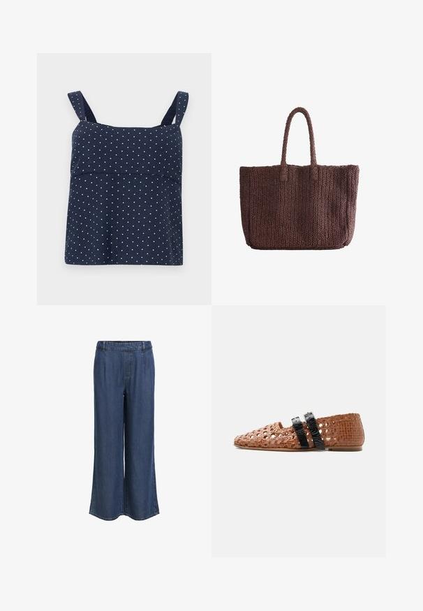 Navy blauwe mouwloze top met witte stippen, met een gestructureerde buste en brede banden. Gemaakt van zachte, lichte stof.; Rechtemodel donkere blauwe denim broek met een elastische tailleband en riemlussen, zonder zichtbare zakken, weergegeven tegen een witte achtergrond.; Bruine geweven platte schoen met twee zwarte gespbandjes over de bovenkant en een gesloten neus en hiel.; Bruine geweven draagtas met twee handvatten, rechthoekige vorm en een gestructureerd gebreid patroon.